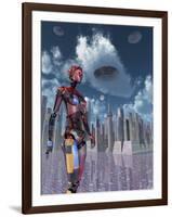 A Futuristic City Where Robots and Flying Saucers are Common Place-Stocktrek Images-Framed Art Print