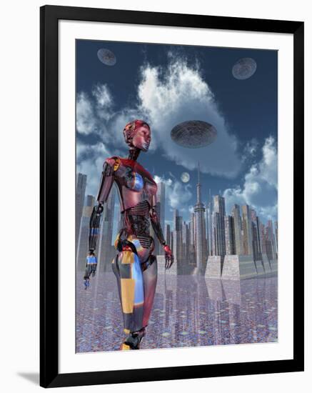 A Futuristic City Where Robots and Flying Saucers are Common Place-Stocktrek Images-Framed Art Print