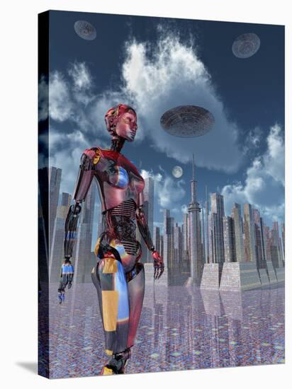 A Futuristic City Where Robots and Flying Saucers are Common Place-Stocktrek Images-Stretched Canvas