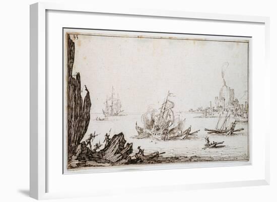 A Galley Rammed Amidships by a Man-O'-War under Sail Within Sight of Harbour, C.1617-Jacques Callot-Framed Giclee Print