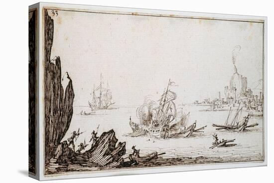 A Galley Rammed Amidships by a Man-O'-War under Sail Within Sight of Harbour, C.1617-Jacques Callot-Stretched Canvas