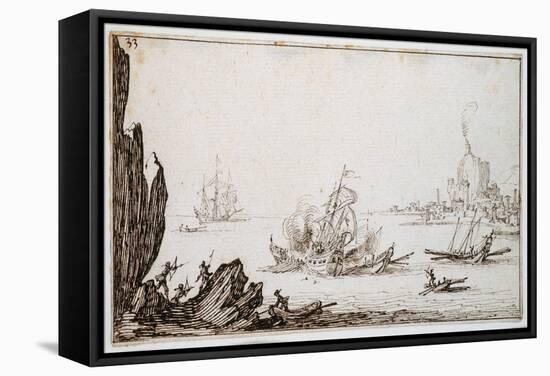A Galley Rammed Amidships by a Man-O'-War under Sail Within Sight of Harbour, C.1617-Jacques Callot-Framed Stretched Canvas