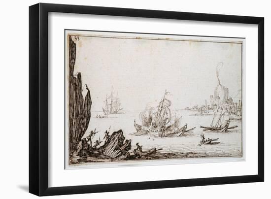 A Galley Rammed Amidships by a Man-O'-War under Sail Within Sight of Harbour, C.1617-Jacques Callot-Framed Giclee Print