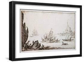 A Galley Rammed Amidships by a Man-O'-War under Sail Within Sight of Harbour, C.1617-Jacques Callot-Framed Giclee Print