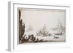 A Galley Rammed Amidships by a Man-O'-War under Sail Within Sight of Harbour, C.1617-Jacques Callot-Framed Giclee Print