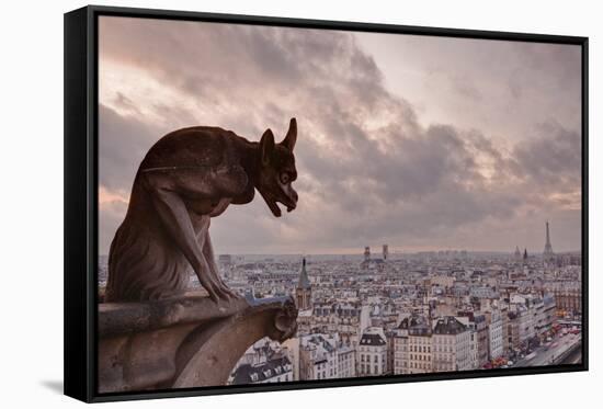 A Gargoyle on Notre Dame De Paris Cathedral Looks over the City, Paris, France, Europe-Julian Elliott-Framed Stretched Canvas