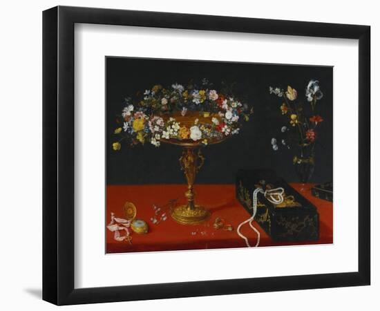 A Garland of Flowers in a Tazza, Jewels and Coins in a Japanese Black and Gold Lacquer Fumibako,…-Jan Brueghel the Younger-Framed Premium Giclee Print