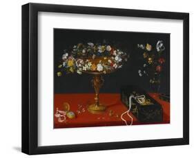 A Garland of Flowers in a Tazza, Jewels and Coins in a Japanese Black and Gold Lacquer Fumibako,…-Jan Brueghel the Younger-Framed Premium Giclee Print