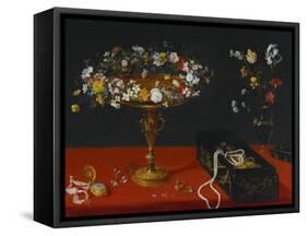 A Garland of Flowers in a Tazza, Jewels and Coins in a Japanese Black and Gold Lacquer Fumibako,…-Jan Brueghel the Younger-Framed Stretched Canvas
