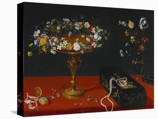 A Garland of Flowers in a Tazza, Jewels and Coins in a Japanese Black and Gold Lacquer Fumibako,…-Jan Brueghel the Younger-Stretched Canvas