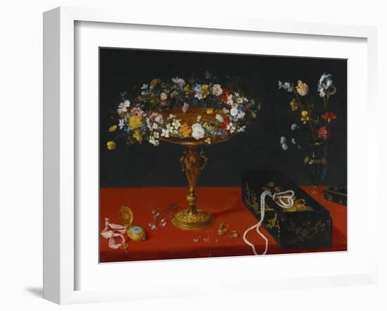 A Garland of Flowers in a Tazza, Jewels and Coins in a Japanese Black and Gold Lacquer Fumibako,…-Jan Brueghel the Younger-Framed Giclee Print