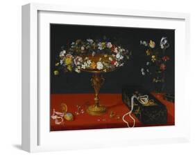 A Garland of Flowers in a Tazza, Jewels and Coins in a Japanese Black and Gold Lacquer Fumibako,…-Jan Brueghel the Younger-Framed Giclee Print