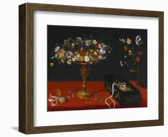 A Garland of Flowers in a Tazza, Jewels and Coins in a Japanese Black and Gold Lacquer Fumibako,…-Jan Brueghel the Younger-Framed Giclee Print