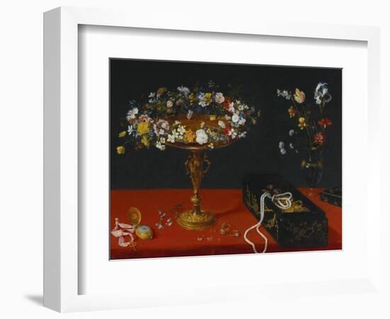 A Garland of Flowers in a Tazza, Jewels and Coins in a Japanese Black and Gold Lacquer Fumibako,…-Jan Brueghel the Younger-Framed Giclee Print