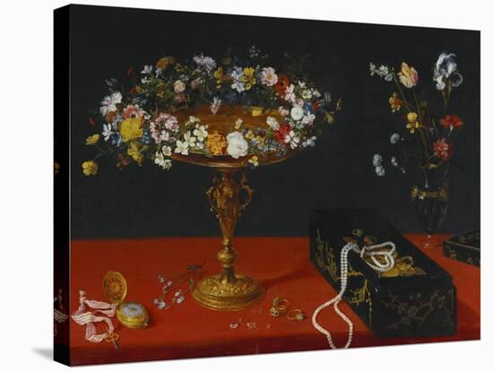 A Garland of Flowers in a Tazza, Jewels and Coins in a Japanese Black and Gold Lacquer Fumibako,…-Jan Brueghel the Younger-Stretched Canvas