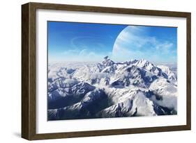 A Gas Giant Rises in the Distance over a Massive Slumbering Volcano-null-Framed Premium Giclee Print
