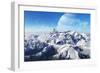 A Gas Giant Rises in the Distance over a Massive Slumbering Volcano-null-Framed Premium Giclee Print