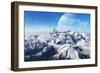 A Gas Giant Rises in the Distance over a Massive Slumbering Volcano-null-Framed Art Print