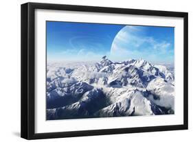 A Gas Giant Rises in the Distance over a Massive Slumbering Volcano-null-Framed Art Print