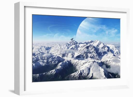 A Gas Giant Rises in the Distance over a Massive Slumbering Volcano-null-Framed Art Print