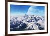 A Gas Giant Rises in the Distance over a Massive Slumbering Volcano-null-Framed Art Print