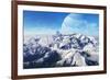 A Gas Giant Rises in the Distance over a Massive Slumbering Volcano-null-Framed Art Print