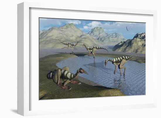 A Gathering of Pelecanimimus Dinosaurs around a Watering Place-Stocktrek Images-Framed Art Print
