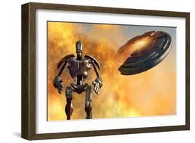 A Giant Robot and Ufo on the Attack-null-Framed Art Print