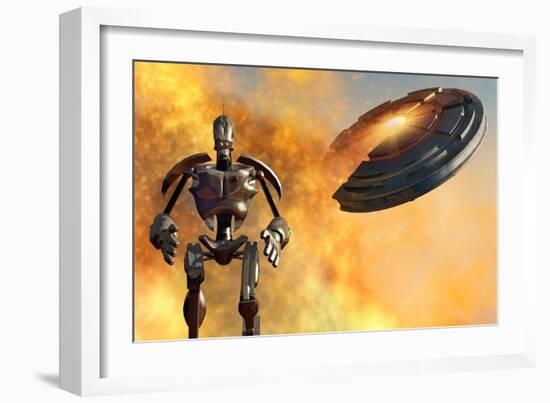 A Giant Robot and Ufo on the Attack-null-Framed Art Print