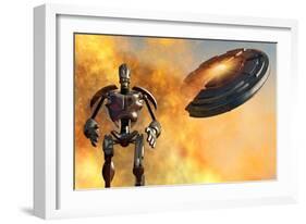 A Giant Robot and Ufo on the Attack-null-Framed Art Print