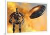 A Giant Robot and Ufo on the Attack-null-Framed Art Print