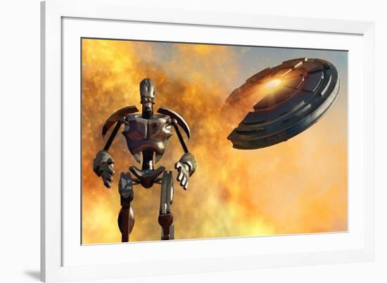 A Giant Robot and Ufo on the Attack-null-Framed Art Print