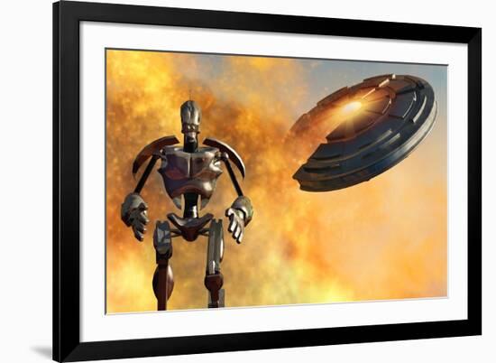 A Giant Robot and Ufo on the Attack-null-Framed Art Print