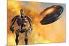 A Giant Robot and Ufo on the Attack-null-Mounted Art Print