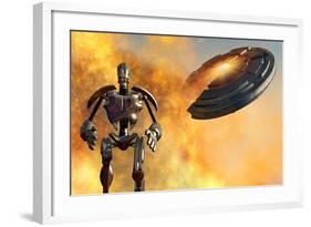 A Giant Robot and Ufo on the Attack-null-Framed Art Print