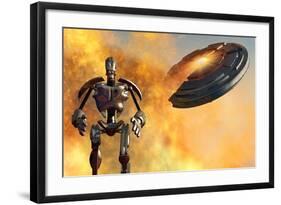 A Giant Robot and Ufo on the Attack-null-Framed Art Print