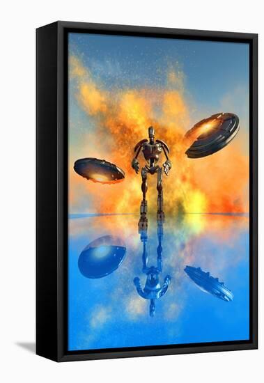 A Giant Robot and Ufo's on the Attack-null-Framed Stretched Canvas