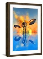 A Giant Robot and Ufo's on the Attack-null-Framed Art Print