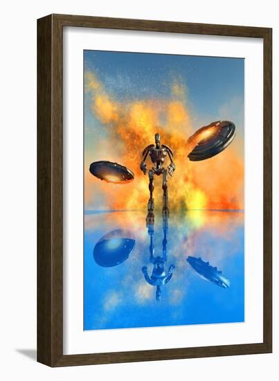 A Giant Robot and Ufo's on the Attack-null-Framed Art Print