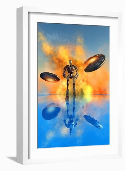 A Giant Robot and Ufo's on the Attack-null-Framed Art Print