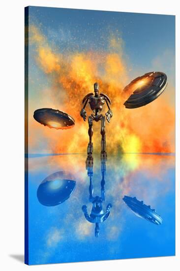 A Giant Robot and Ufo's on the Attack-null-Stretched Canvas