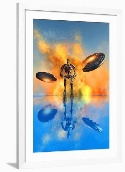 A Giant Robot and Ufo's on the Attack-null-Framed Art Print