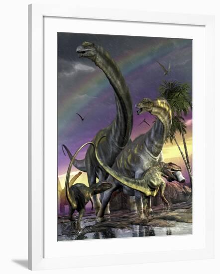 A Giganotosaurus Trying to Take Down a Young Argentinosaurus-Stocktrek Images-Framed Art Print