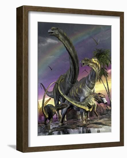 A Giganotosaurus Trying to Take Down a Young Argentinosaurus-Stocktrek Images-Framed Art Print