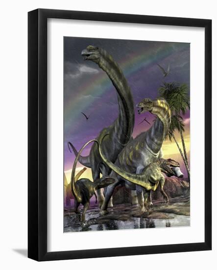 A Giganotosaurus Trying to Take Down a Young Argentinosaurus-Stocktrek Images-Framed Art Print