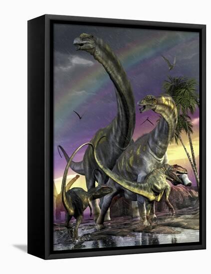 A Giganotosaurus Trying to Take Down a Young Argentinosaurus-Stocktrek Images-Framed Stretched Canvas