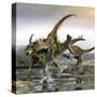 A Gigantspinosaurus Is Attacked by a Pair of Utahraptors-Stocktrek Images-Stretched Canvas