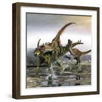 A Gigantspinosaurus Is Attacked by a Pair of Utahraptors-Stocktrek Images-Framed Art Print