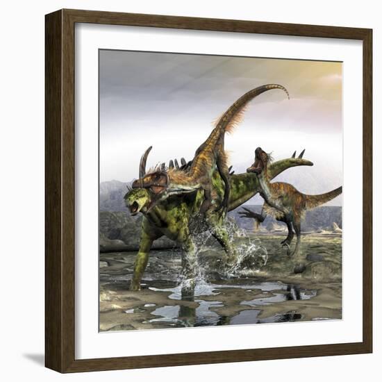 A Gigantspinosaurus Is Attacked by a Pair of Utahraptors-Stocktrek Images-Framed Art Print