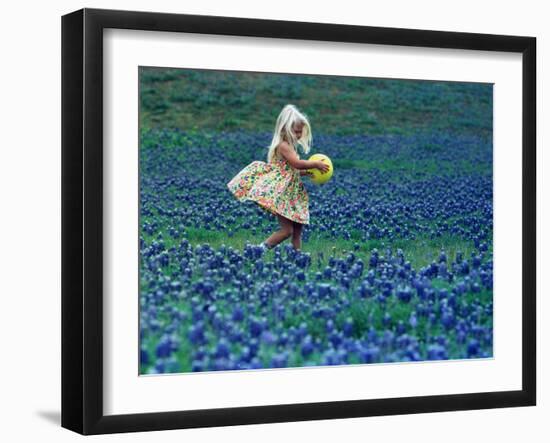 A Girl, 3, Goes for a Romp Through a Field of Bluebonnets-null-Framed Premium Photographic Print